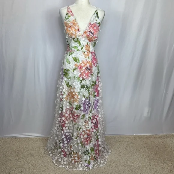 Xscape 3D-Appliqué Floral-Print Gown Size 4 White‎ Pink Formal Evening Dress Maxi